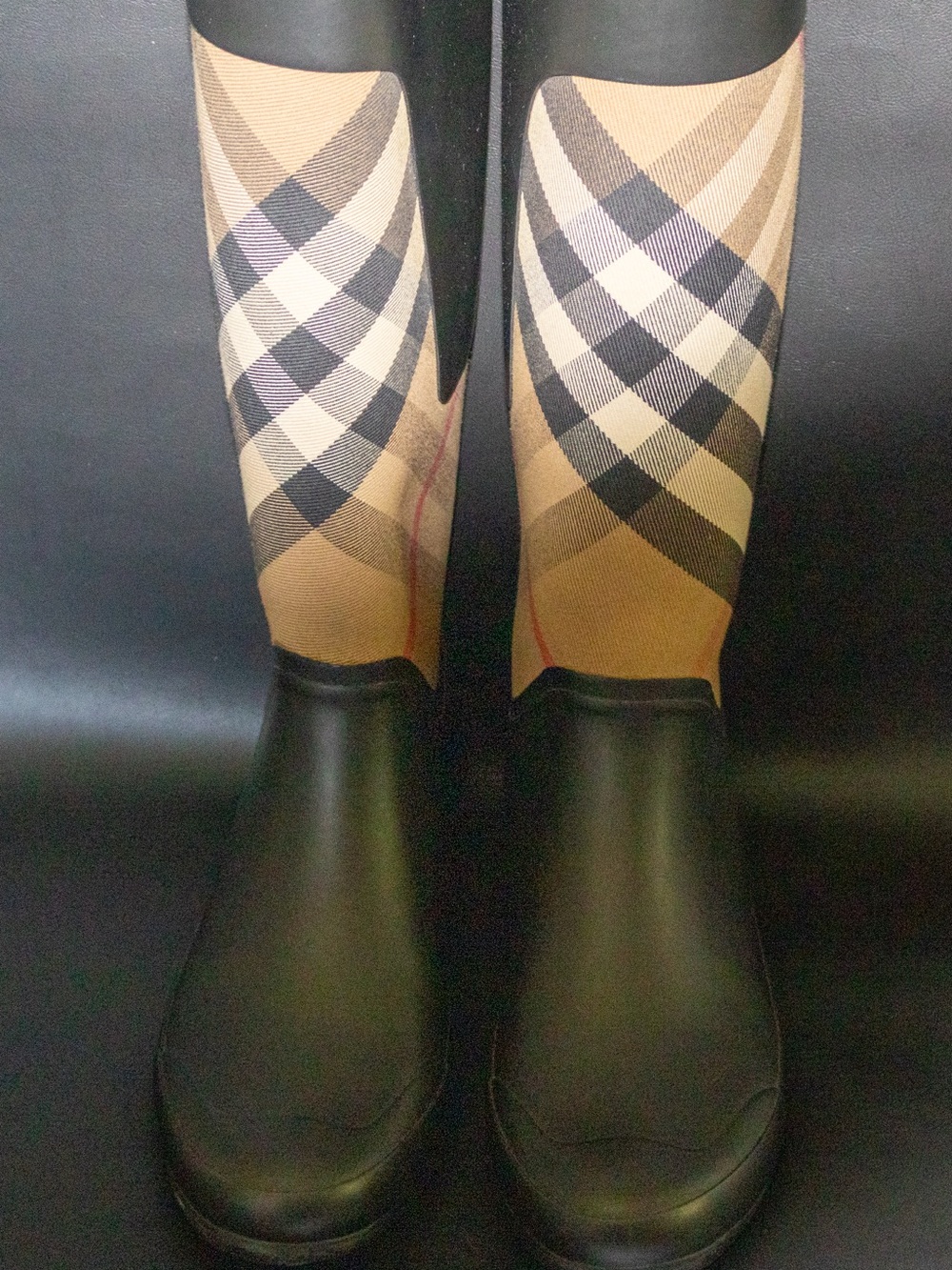 Burberry Plaid Knee High Rain Boots Black Beige Brown Rubber Women's EU 38